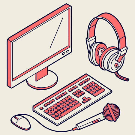 Vector isometric illustration of headphones, computer, keyboard, mouse and microphone.のイラスト素材