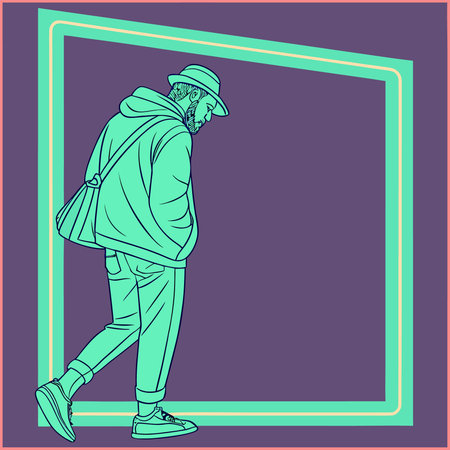 Stylized vector illustration of a man walking with a backpack.のイラスト素材