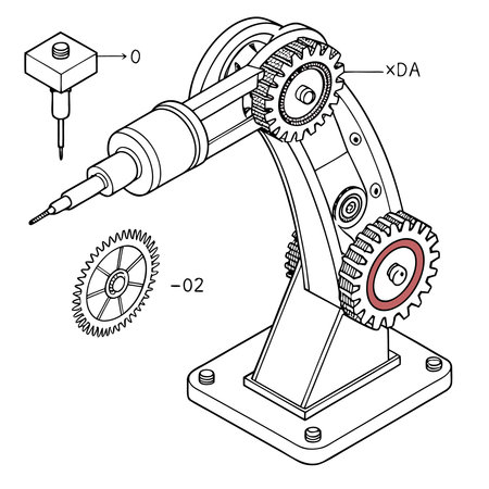 Technical drawing of an electric screwdriver. Cogwheel. Vector illustrationのイラスト素材