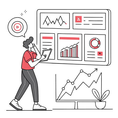 Vector illustration of a man with a tablet in his hands working on a project. Flat line design.のイラスト素材