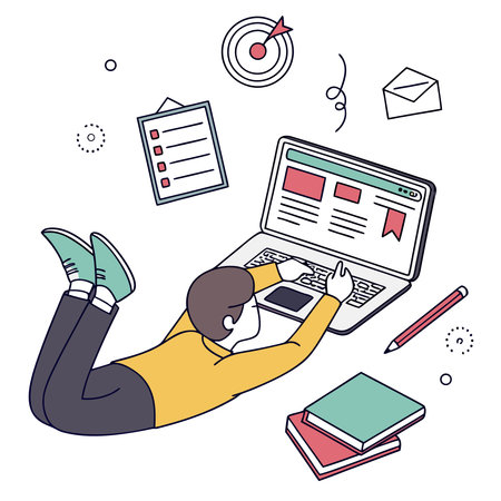 Vector illustration of a man working on a laptop. Flat design.のイラスト素材