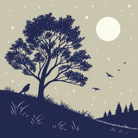 Night landscape with a lonely tree and a crow. Vector illustration.のイラスト素材