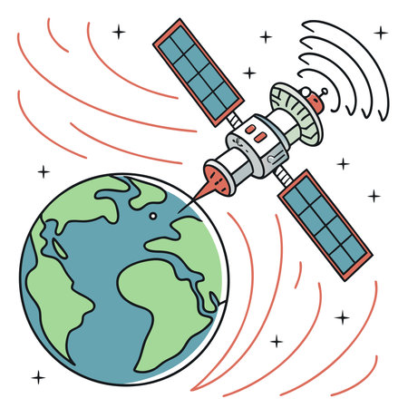 Satellite with earth on a white background. Vector illustration in flat style.のイラスト素材