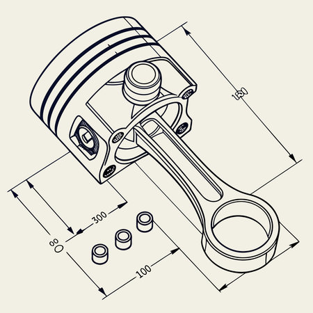 Piston and pistons on a technical drawing. Drawing. Vector illustrationのイラスト素材