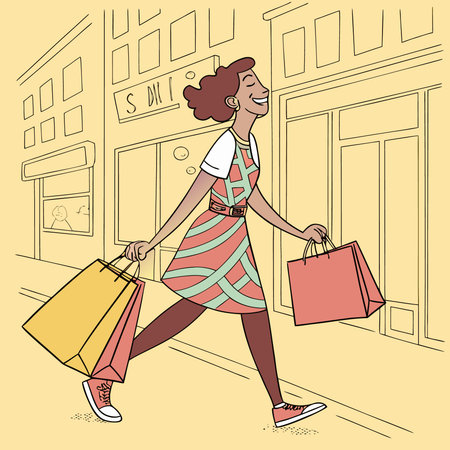 Vector illustration of a woman walking with shopping bags in the city.のイラスト素材