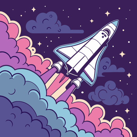 Space rocket flying in the sky. Vector illustration in cartoon style.のイラスト素材