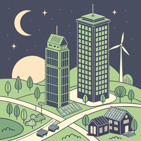 Green city at night with wind turbines and solar panels. Vector illustration.のイラスト素材