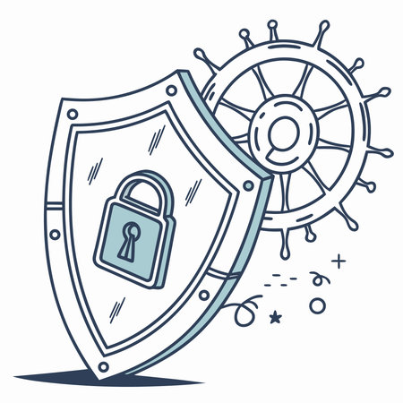 Vector illustration of a shield with a ship steering wheel and padlock.のイラスト素材