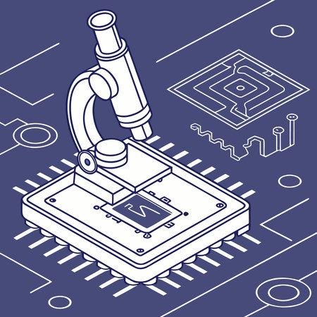 Microscope and microchip on blue background, isometric vector illustration.