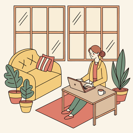 Vector illustration of a woman working on a laptop in the living roomのイラスト素材