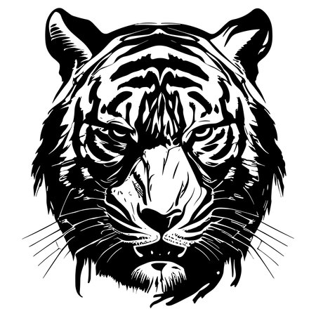 Illustration for Tiger head. Black and white vector illustration for tattoo or t-shirt design - Royalty Free Image