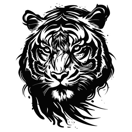 Tiger head vector illustration in black and white. Design for tattoo or print.のイラスト素材