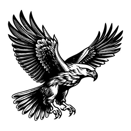Black and white engraving of a bald eagle with wings spreadのイラスト素材