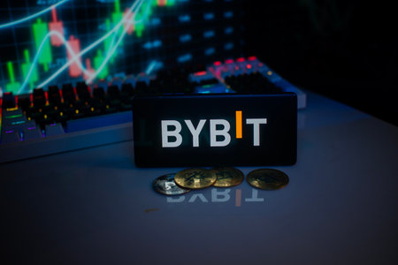 Dhaka, Bangladesh 18 September 2025:BYBIT logo on smartphone, accompanied by coins and stock chart, conveying trading themeのeditorial素材