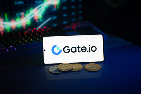 Dhaka, Bangladesh 18 September 2025:Gate.io logo on smartphone with coins, neon lights, and trading...