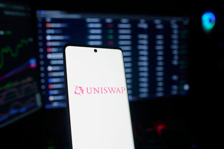 Dhaka, Bangladesh 04 Jan 2026:Phone screen showcasing the UNISWAP logo against a pink background and financial screensのeditorial素材