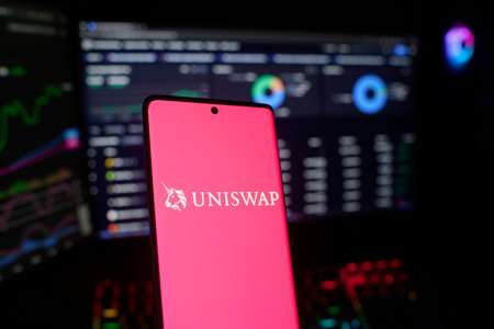 Dhaka, Bangladesh 26 September 2025:Phone screen showcasing the UNISWAP logo against a pink background and financial screensのeditorial素材