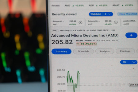 Dhaka, Bangladesh 20 Feb 2026:Trading platform displays stock data for Advanced Micro Devices with...
