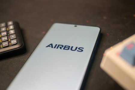 Dhaka, Bangladesh 20 Feb 2026:Airbus logo on smartphone on a desk with a calculator visibleのeditorial素材