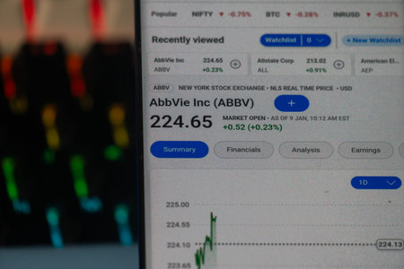 Dhaka, Bangladesh 20 Feb 2026:AbbVie stock information with a positive trend and vibrant background...