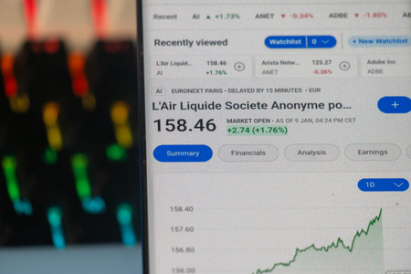 Dhaka, Bangladesh 20 Feb 2026:Screen displaying L'Air Liquide's stock information with financial...