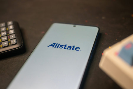 Dhaka, Bangladesh 20 Feb 2026:Allstate logo displayed on a phone screen with a dark background