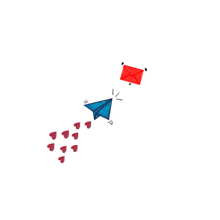 Illustration of a paper plane flying with hearts and a letter.の写真素材