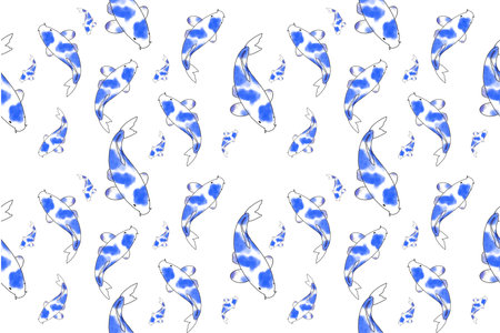 Seamless pattern with blue koi fish on a white backgroundの写真素材