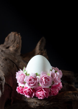 Easter egg with pink flowers on a rustic wood background.の写真素材