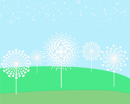 Dandelion flower field with blowing in the blue sky background, using papercutのイラスト素材