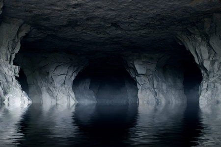 underground river in a dark stone caveの写真素材