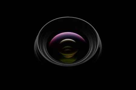 Camera lens close up on dark backgroundの写真素材