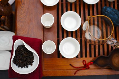 Asian tea ceremony on the wooden tableの写真素材