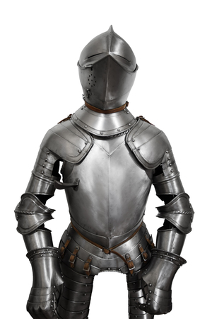 Old metal knight armour isolated on white backgroundの写真素材