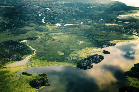 Aerial view on nature landscape to lake and mountainsの写真素材