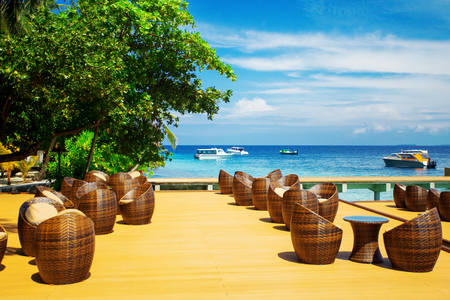 Wooden pier at tropical island resort, Maldivesの写真素材
