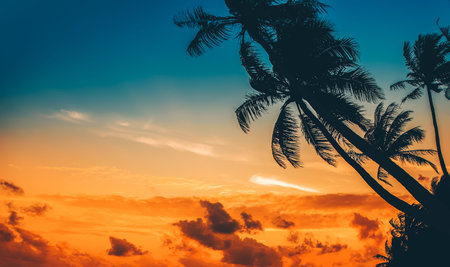 Silhouette of palm tree at beautiful tropical sunsetの写真素材