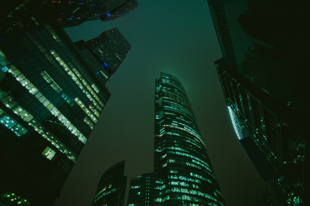 Skyscrapers at night, Moscow International Business Center - Moscow-City, Russiaの写真素材