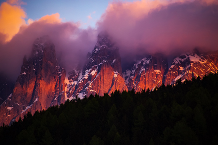 Dolomites Italian Alps at beautiful sunset. Val di Funes, Italyの写真素材