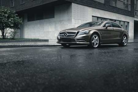 Moscow, Russia - June 02, 2017: Mercedes-Benz CLS 500 4MATIC car is parked near office buildings in...