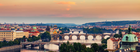 Vltava river in Prague, Czech Republic at the sunsetのeditorial素材