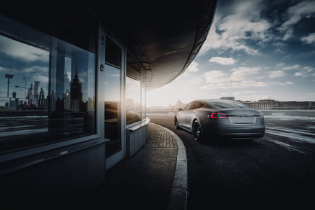 Moscow, Russia - January 10, 2018: Electric car Tesla Model S P85 wrapped in grey color matte vinyl is standing on the parking. Back viewのeditorial素材