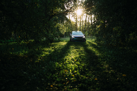 Moscow, Russia - September 21, 2017: Chameleon color car Citroen C4 is standing in green forest at sunsetのeditorial素材