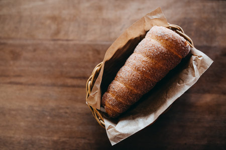 Baked trdelnik. Traditional czech food. Delicious bakery pastry food. Above top view