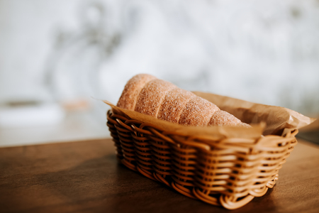 Baked trdelnik. Traditional czech food. Delicious bakery pastry food. Film look toned filterの写真素材