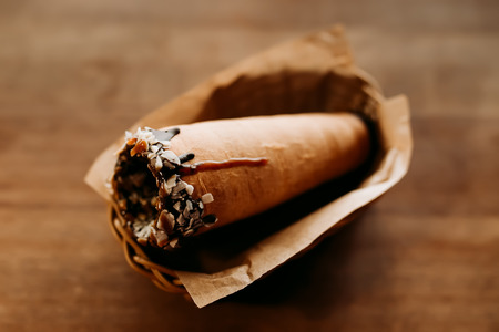 Baked trdelnik. Delicious bakery pastry food. Film look toned filterの写真素材