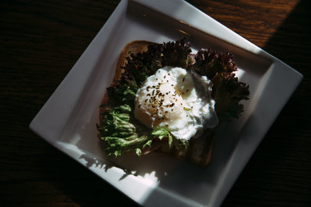 Poached eggs breakfast food on the dishの写真素材