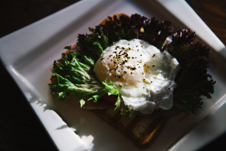 Poached eggs breakfast food on the dishの写真素材