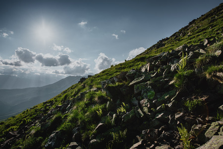 Beautiful nature landscape of mountains with snow and green forestの写真素材