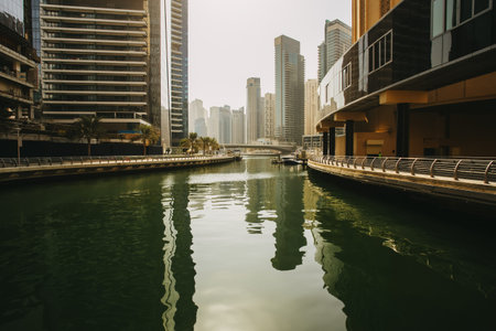 Marina Promenade in Dubai city, UAE, United Arab Emirates. Clear blue sky at the dayの写真素材